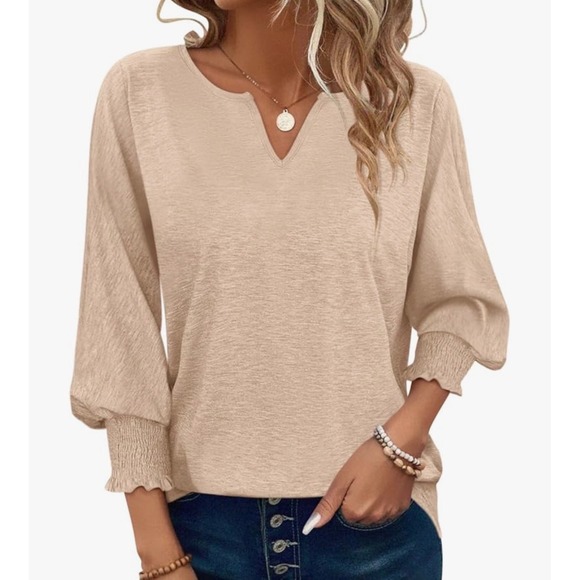 PGANDS Tops - PGANDS Women Beige Notched V-Neck Puff Sleeve Smocked Cuff Knit Top Large